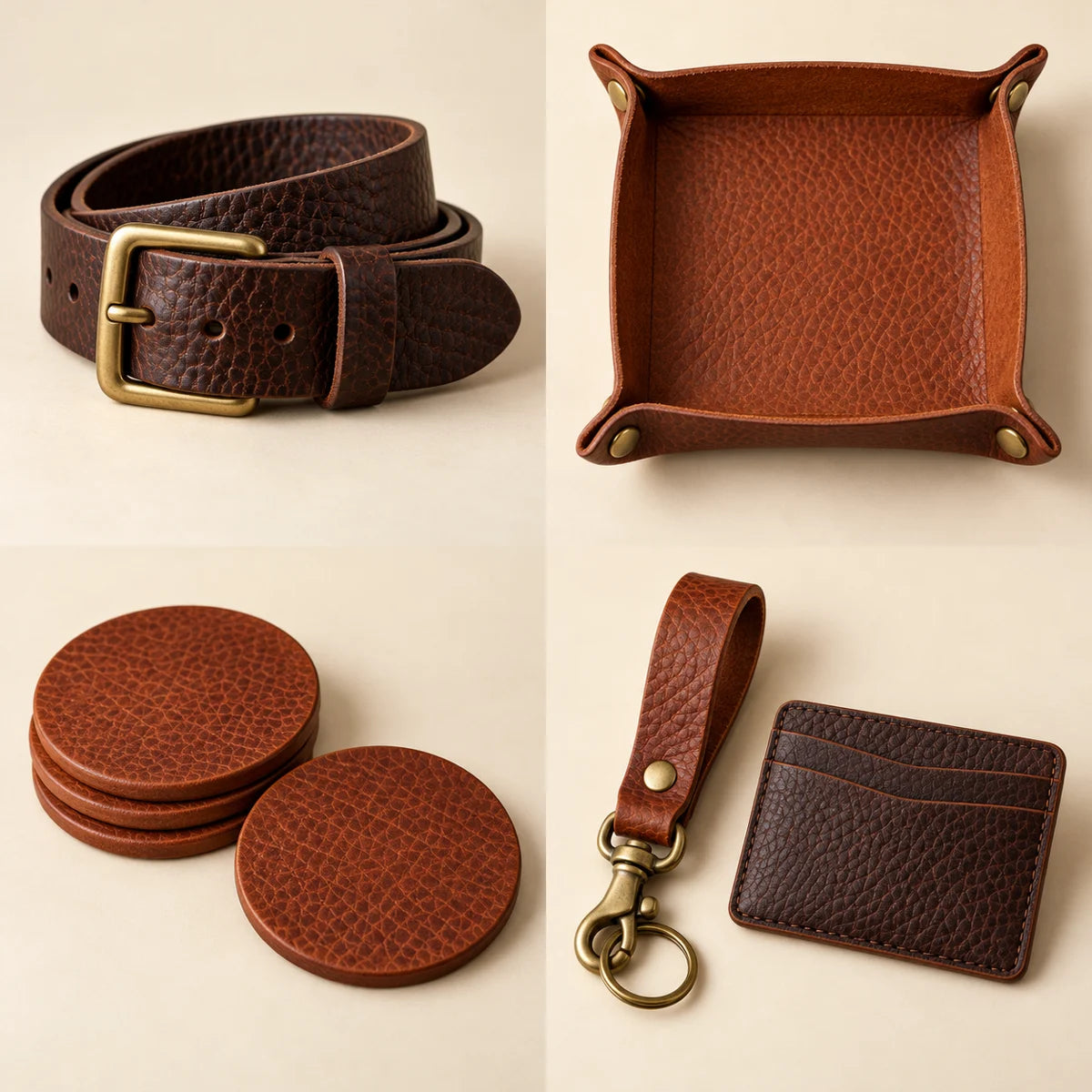 Illustrative leather goods arrangement; final photography to be supplied