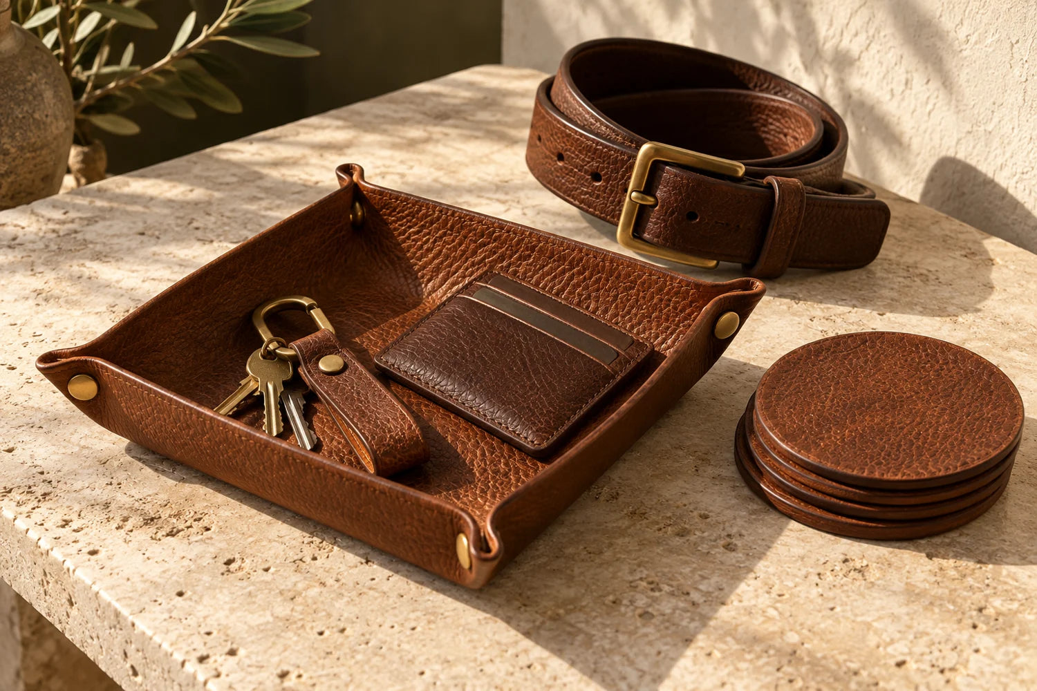 Illustrative leather goods arrangement; final photography to be supplied